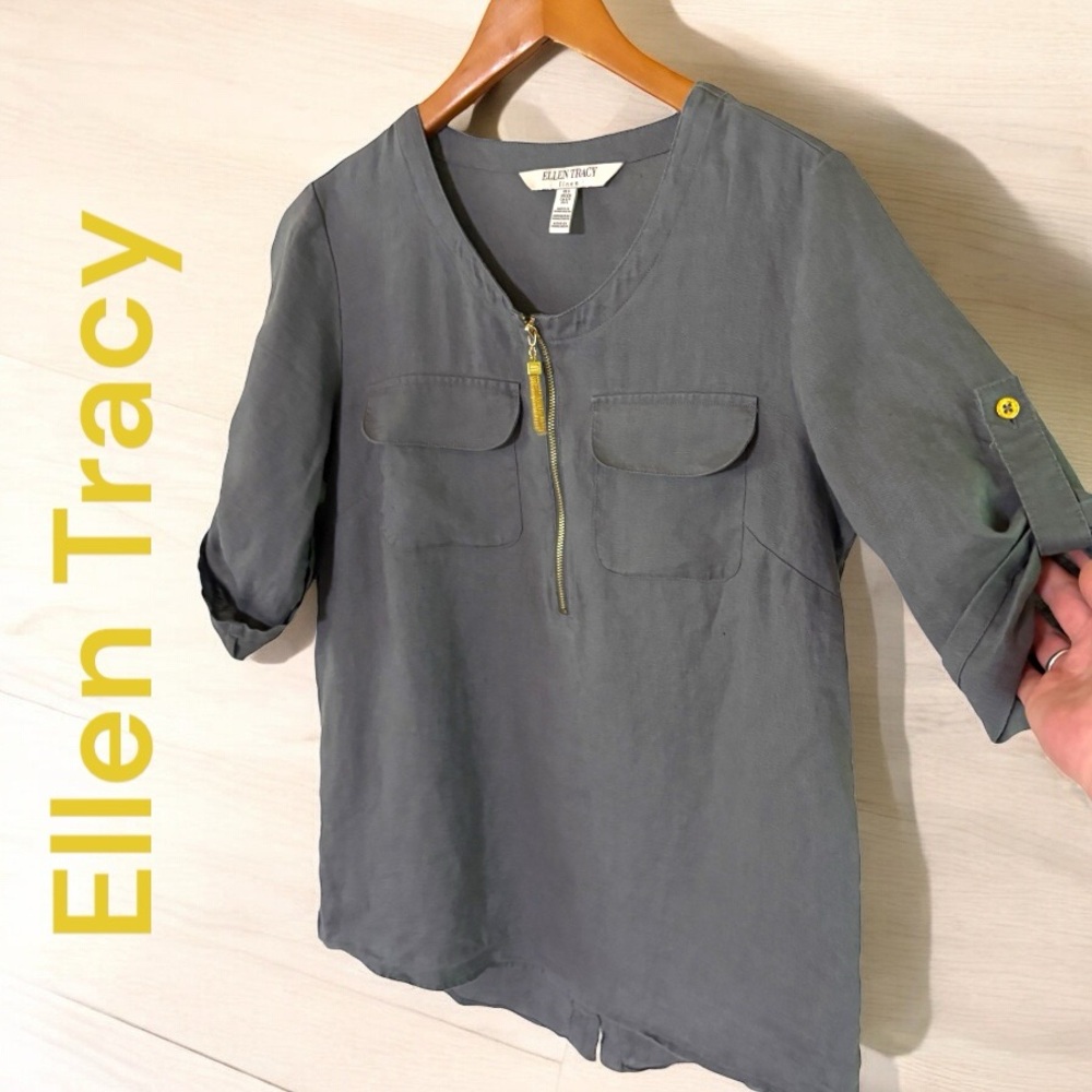 Ellen Tracy-Linen blouse. Size small. Gray with gold tassel/zipper. Gorgeous EUC - Picture 4 of 15